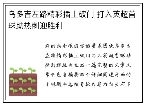 乌多吉左路精彩插上破门 打入英超首球助热刺迎胜利 乌多吉左路精彩插上破门 打入英超首球助热刺迎胜利