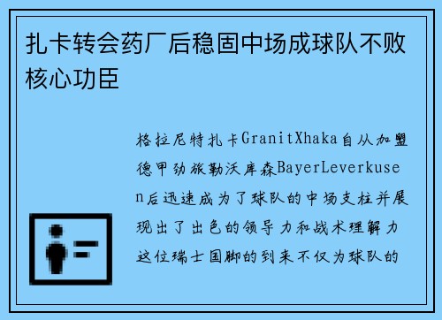扎卡转会药厂后稳固中场成球队不败核心功臣 扎卡转会药厂后稳固中场成球队不败核心功臣