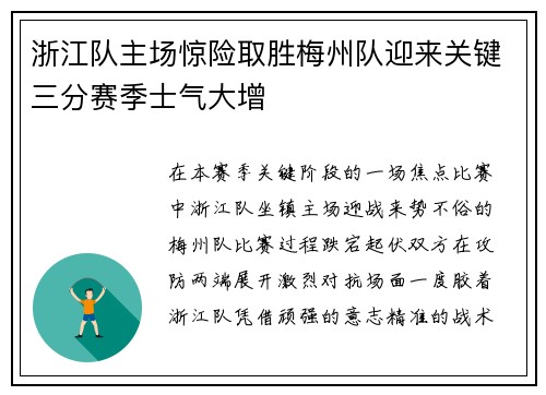 浙江队主场惊险取胜梅州队迎来关键三分赛季士气大增 浙江队主场惊险取胜梅州队迎来关键三分赛季士气大增
