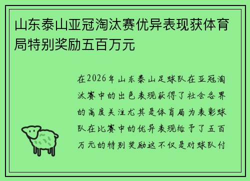 山东泰山亚冠淘汰赛优异表现获体育局特别奖励五百万元